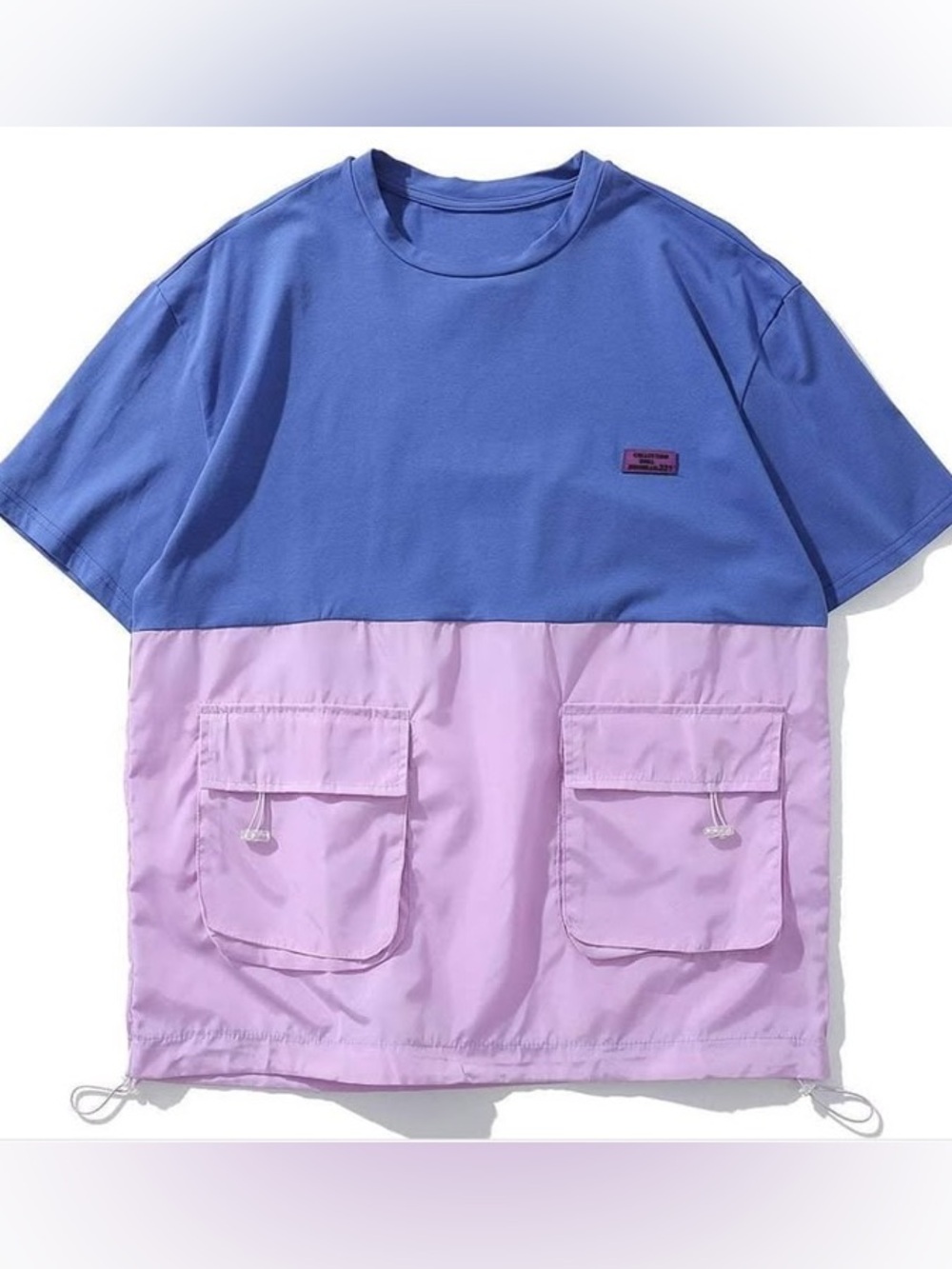 RARE Colorblock Cargo Pocket Nylon Tee Blue Pink Oversized Gorpcore Streetwear L